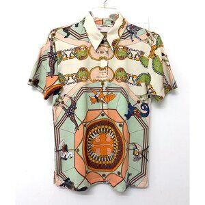 Tory Burch Carousel Printed Polo T Shirt Animal Peach Cream Orange Carnival S